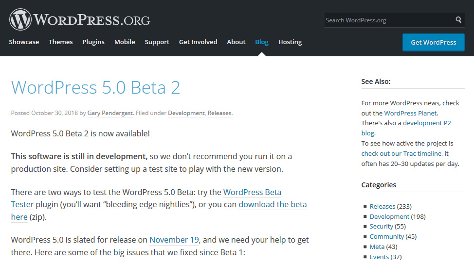  WordPress 5.0 Beta 2 リリース